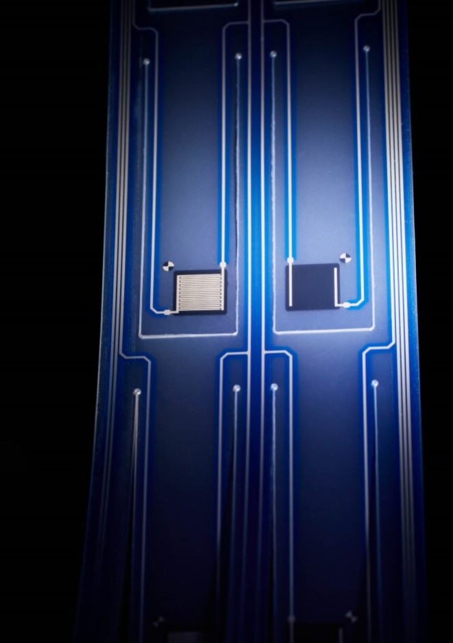 Close up of sensors printed on a flat stripe